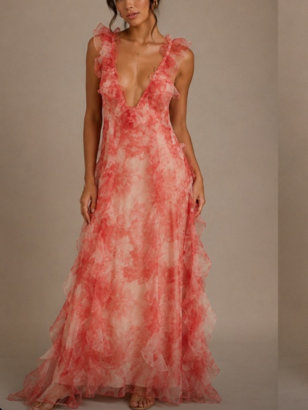 Luxxel Sheer Ruffle-Trim Maxi Dress in Coral Pink